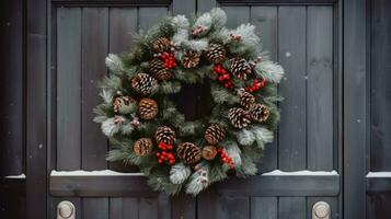 ai generado un hermosa Navidad guirnalda colgando en un rústico de madera puerta foto