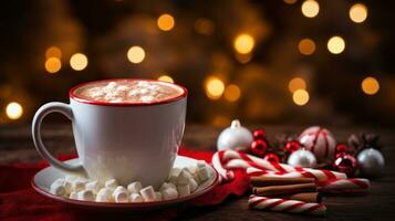 ai generado un taza de caliente cacao con Malvaviscos y un caramelo caña, foto