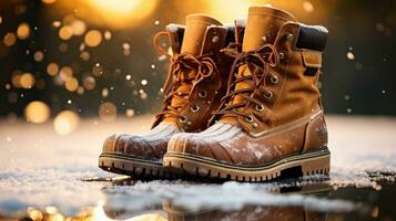 AI generated a pair of winter boots with snow falling in the background. photo