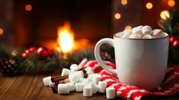 ai generado un taza de caliente cacao con Malvaviscos y un caramelo caña, foto