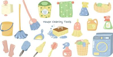 Set of House cleaning tools Clipart elements Hand drawn illustration vector