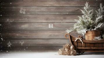 ai generado un rústico de madera trineo propensión en contra un pared con un fondo de copos de nieve y hojas perennes ramas foto