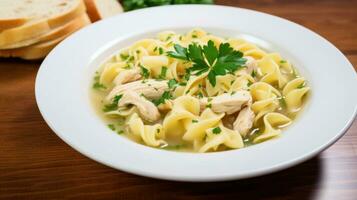 AI generated A classic chicken noodle soup with tender chunks of chicken photo