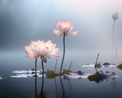 ai generado rosado loto flor flotante en agua en el azul antecedentes foto