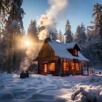 AI generated A snow-covered cabin nestled in the woods with smoke billowing from the chimney photo