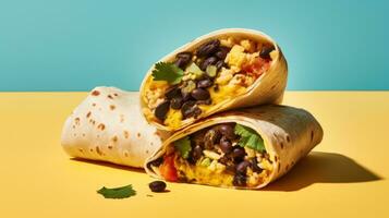 AI generated A breakfast burrito filled with scrambled eggs, black beans, cheese, and salsa photo