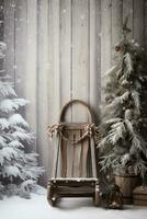 AI generated A rustic wooden sled leaning against a wall with a backdrop of snowflakes and evergreen branches photo