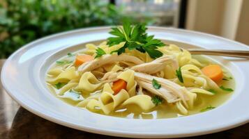 AI generated A classic chicken noodle soup with tender chunks of chicken photo