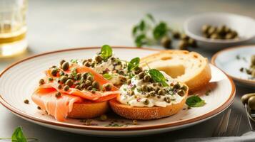 AI generated A plate of smoked salmon, cream cheese, and bagel with capers and red onion photo