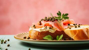 ai generado un plato de ahumado salmón, crema queso, y rosquilla con alcaparras y rojo cebolla foto