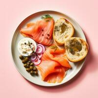 AI generated A plate of smoked salmon, cream cheese, and bagel with capers and red onion photo