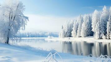 ai generado un pintoresco invierno paisaje con cubierto de nieve arboles y un congelado lago foto