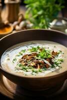 ai generado un Rico seta sopa con terroso shiitake hongos y un remolino de crema para adicional decadencia foto