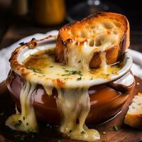 AI generated A rustic French onion soup with gooey melted cheese on top and a thick slice of bread for dipping photo