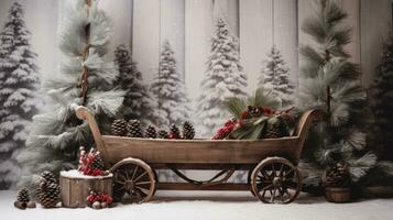 ai generado un rústico Navidad escena con un de madera trineo, pino conos, y hojas perennes ramas foto