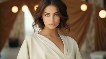AI generated beautiful model woman in fashion beige wear photo