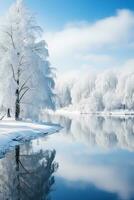 AI generated A picturesque winter landscape with snow-covered trees and a frozen lake photo