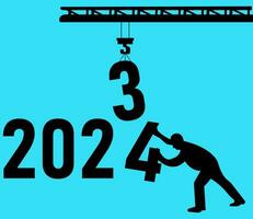 Happy new year 2024 welcome vector design. Year changing from 2023 to 2024. end of 2023 and starting of 2024. letter 3 Lifting by crane letter 4 pushing by a man. construction cranes with numbers 2024