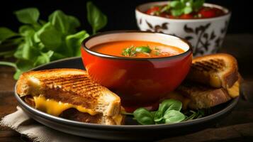 ai generado un humeante cuenco de tomate sopa con un A la parrilla queso emparedado en el lado, foto