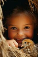 AI generated young girl playing peek-a-boo with a tiny chick, both of them beaming with joy photo