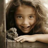 AI generated young girl playing peek-a-boo with a tiny chick, both of them beaming with joy photo