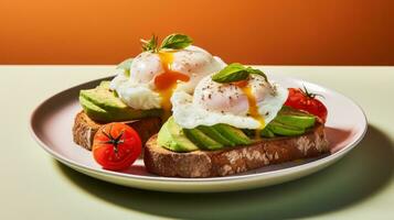 AI generated Two slices of whole wheat toast with avocado spread, sliced tomatoes, and a poached egg. photo