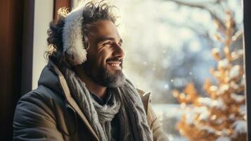 AI generated woman sits bundled up in scarf and jacket, sipping a warm drink while looking out at a snowy forest photo