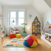 ai generado para niños habitación con un vistoso alfombra, estante para libros con vistoso almacenamiento papeleras, un silla y un piso lámpara. foto