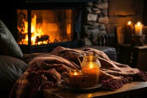 ai generado un acogedor cabina interior con un rugido chimenea, suave mantas, y un caliente taza de té foto