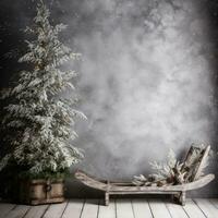 AI generated A rustic wooden sled leaning against a wall with a backdrop of snowflakes and evergreen branches photo