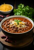 AI generated A spicy and flavorful chili soup with tender chunks of beef, beans, and a sprinkle of grated cheese photo