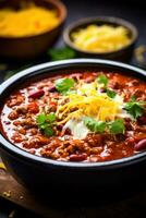 ai generado un picante y sabroso chile sopa con oferta trozos de carne de res, frijoles, y un espolvorear de rallado queso foto