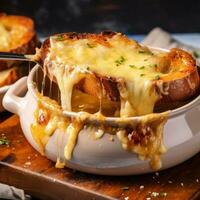 AI generated A rustic French onion soup with gooey melted cheese on top and a thick slice of bread for dipping photo