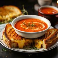 AI generated A steaming bowl of tomato soup with a grilled cheese sandwich on the side, photo