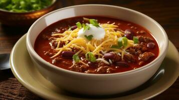 ai generado un picante y sabroso chile sopa con oferta trozos de carne de res, frijoles, y un espolvorear de rallado queso foto