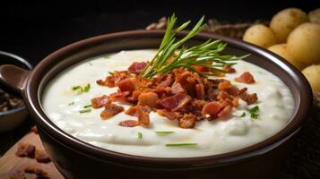 ai generado un cremoso y consolador patata sopa con pedacitos de crujiente tocino y un porción de agrio crema en parte superior foto