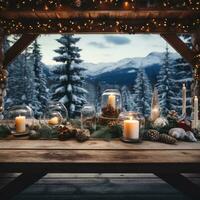 ai generado un rústico de madera mesa con Navidad decoraciones y velas foto