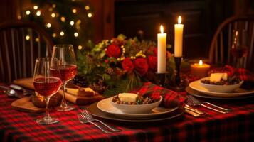 ai generado un festivo Navidad mesa ajuste con rojo y oro acentos foto