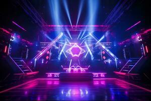 AI generated Neon colours stage with laser lights photo