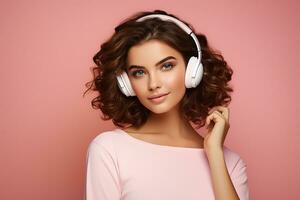 AI generated Girl listening music in headphones photo