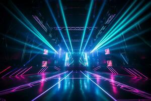 AI generated Neon colours stage with laser lights photo