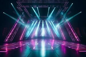 AI generated Neon colours stage with laser lights photo