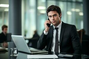 ai generado retrato de empresario en traje Hablando en inteligente teléfono a moderno oficina edificio foto