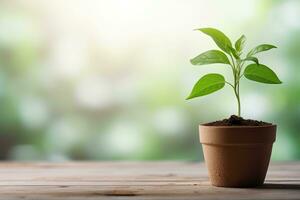 AI generated seedling in a pot on a tabletop blurred background photo