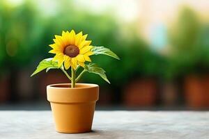 AI generated One sunflower plant in a pot on tabletop blurred background. photo