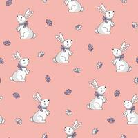 Easter bunnies seamless pattern with cute hand drawn rabbits and flowers on pink background for textile pritns, nursery, wallpaper, scrapbooking, wrapping paper, etc. EPS 10 vector