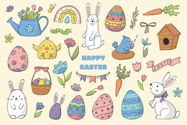 Set of Easter doodles, clip art, cartoon elements for stickers, prints, cards, posters and banners. EPS 10