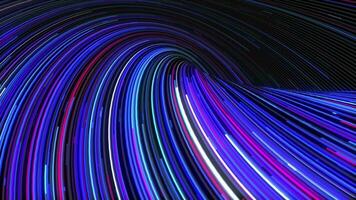 Futuristic stream of neon rays. Abstract colorful background with curve light stripes, bright neon rays and glowing curved lines, glowing trails. High speed lines. 3d animation video