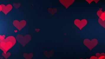vliegend deeltjes van harten Aan een donker achtergrond. achtergrond voor Valentijnsdag dag. roze rood geanimeerd harten groet liefde harten.naadloos lus 4k video. screensaver video animatie