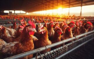 ai generado pollo granjas, Gran escala ganado producción, pollos en cooperativas, carne industria foto